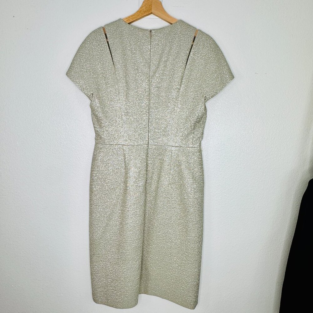 ESCADA Jacquard Metallic Sheath Dress Light Sand Shoulder Details SZ 40 /US 10 - Picture 6 of 14